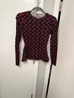 Marine Serre Black Long Sleeve Tee with Red Crescent Motif runs small